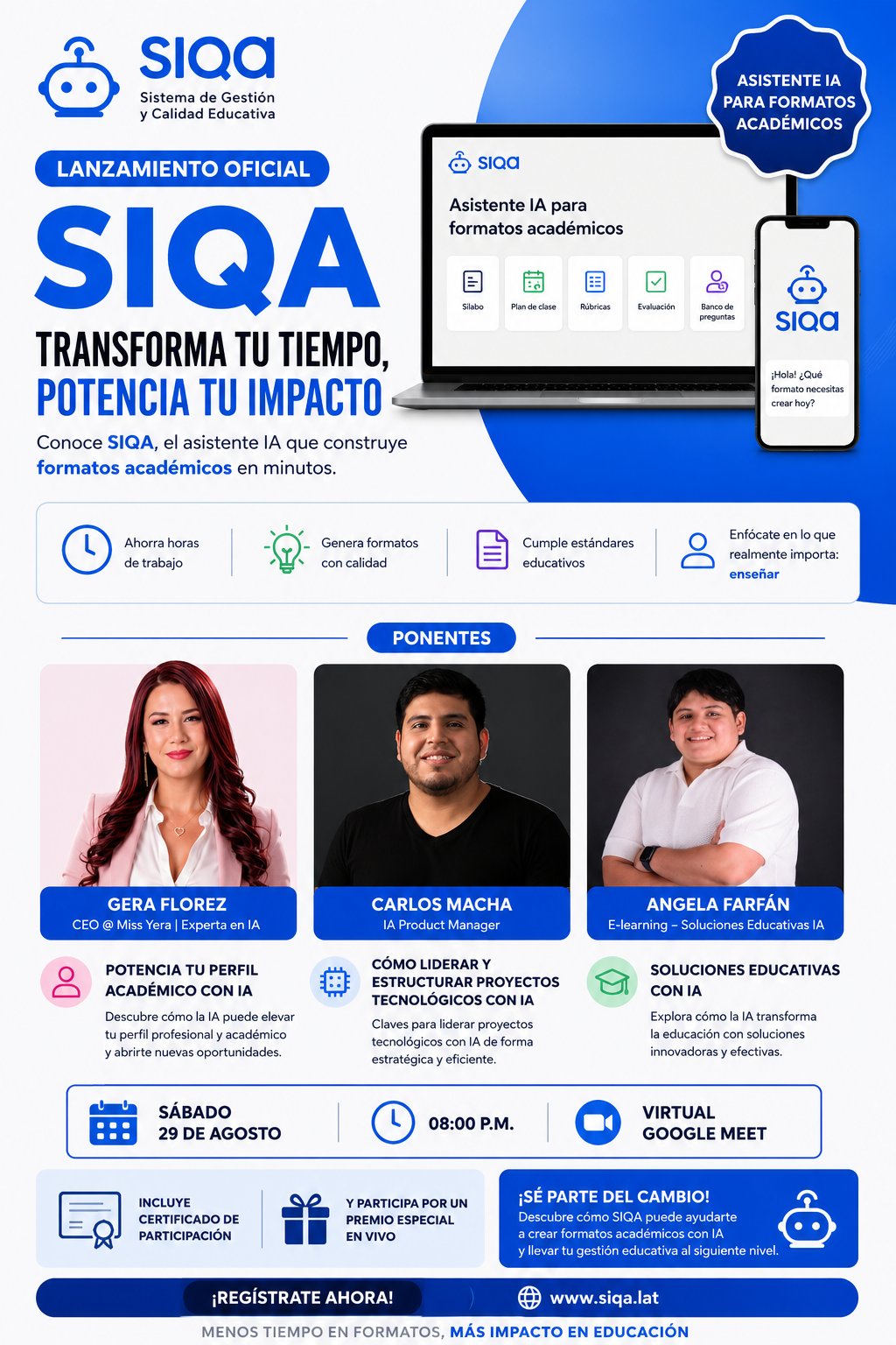 Flyer del webinar: Lanzamiento oficial de SIQA: transforma tu tiempo, potencia tu impacto